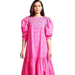 Woman's <b>Three</b> Quarter Sleeve Ruffle Knee Length Vacation Dress Pink Color Balloon Sleeves Dress Plus Size Clothing for Women - Product Image 1