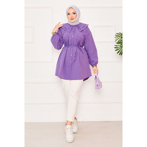 Purple Modest <b>Tops</b> Double Collar Hijab Shirt with Drawstring Waist Comfortable and Stylish - Product Image 3