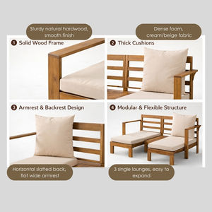 Chaise longue d'extérieur extensible en bois d'acacia, canapé convertible 3 places, lit de jour de patio, coussins beiges, moderne - Product Image 2