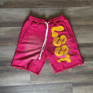 Ropa de calle estilo Raw Hem 3D Puff Print Vintage Shorts 100 algodón Sweat Shorts Sun Faded Acid Wash Shorts para hombres - Product Image 1