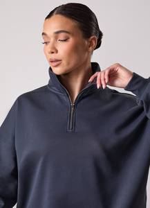 Sweat-shirts d'hiver pour femmes à col rond, style tendance, coupe ample, épaules tombantes, manches longues, couleur unie, fermeture éclair mi-longue - Product Image 2