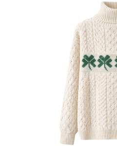 Manufacturer Premium <b>Women</b> Turtleneck <b>Cable</b> <b>Knit</b> Sweater Soft Warm Winter Pullover Casual Fashion Top With Green Clover Pattern - Product Image 3