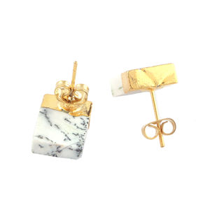 Trendy Wholesale Rectangle Shape Natural Dendrite <b>Opal</b> Gemstone Stud <b>Earrings</b> 24k Half Gold Electroplated Push Back Stud <b>Earring</b> - Product Image 6