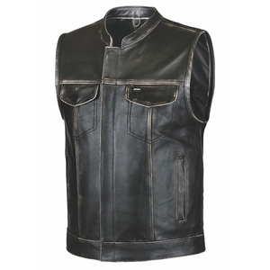 Gilet en cuir de vache véritable noir pour homme, style vintage, automne, col montant, fermeture à boutons recouverts, qualité pure - Product Image 1