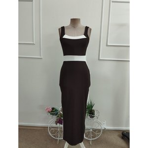 Vestido Largo de Mujer con Tirantes, Cuello Geométrico y Detalle a Rayas, 36484 - Café - Product Image 4