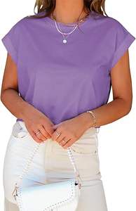 Meilleur pour les femmes T-Shirts courts à manches courtes été roulé Dolman manches Crop hauts décontracté col rond solide court basique t-shirts - Product Image 2