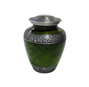 High Quality Brass Urn with Green <b>Stone</b> Finish Aluminum & Silver Floral Engraving Keepsake for Human Ashes Funeral Supplies - Product Image 1