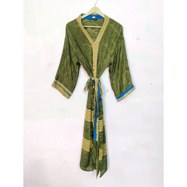 Vintage Zijden Saree Gemaakt Vrouwen Nachtkleding Nachthemd Kimonos Gewaden Voor Strandkleding Indoor Met Bloemenprint Katoenen Kimono Badjas