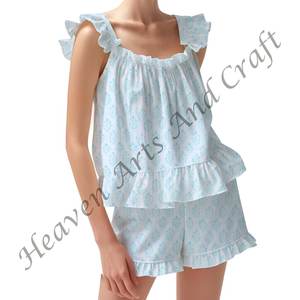 Conjunto de pijama corto con estampado de bloques de mano con algodón suave para mujer Primavera/Verano Floral ajustado con tiras y volantes - Product Image 6