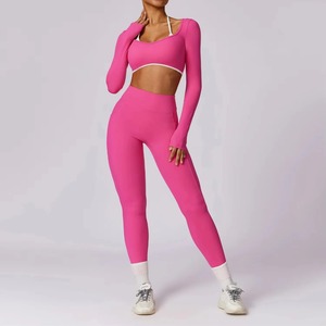 Women's Gym Sportswear Yoga <b>Set</b> Long Sleeve Athletic Crop <b>Top</b> <b>and</b> <b>Legging</b> Solid Pattern Fitness Bra <b>and</b> Push Workout Clothes - Product Image 3