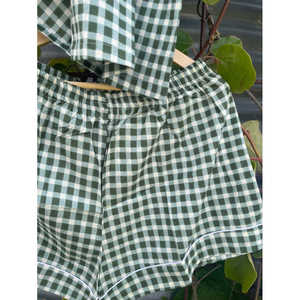 Pijama corto verde a cuadros vichy personalizable, mono sostenible con cintura elástica y cordón con botones para el hogar, conjunto de bata tejida ODM - Product Image 5