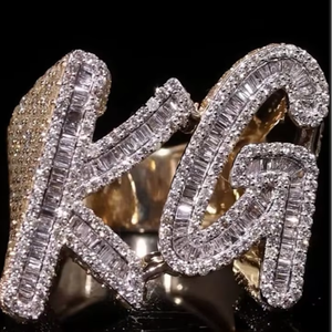 KG <b>Initial</b> Letter <b>Ring</b> With Baguette Moissanite Diamonds In 925 Sterling Silver Iced Out Luxury Hip Hop Statement <b>Ring</b> - Product Image 1