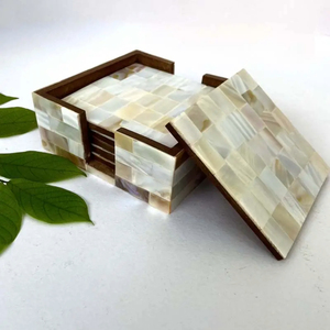 Vintage Iridescent Mother of Pearl Coasters || Mosaic Shell Inlay, Stylish and Unique Coaster Set for High End Table Decor || - Product Image 1