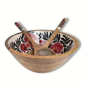 Tazón de Madera Ecológico Hecho a Mano con Arte Impreso para Decoración de Cocina, Incluye Dos Cucharas - Product Image 1