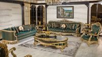 Ensemble de canapés Chesterfield traditionnels luxueux en teck avec table basse capitonnée pour salon formel