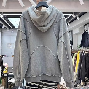 Sweat-shirt à capuche gris surdimensionné, design patchwork, unisexe, en coton molletonné, streetwear, vêtements d'automne - Product Image 4