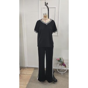 Conjunto de Dos Piezas para Mujer, Blusa de Manga Corta con Cuello en V de Viscosa de Dos Hilos y Pantalones, 35468 - Negro - Product Image 4