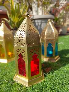 Ethical Style Gold <b>Lantern</b>/Lamp <b>Vintage</b> Decorative Colorful Glass Tealight Candle Holder Boho glass jar for Festive Home Decor - Product Image 6