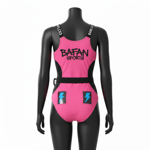 ชุดว่ายน้ำผู้หญิงผ้าโพลีเอสเตอร์ผสมสแปนเด็กซ์พรีเมียม สีชมพูนีออน ดีไซน์แผงสี พร้อมโลโก้แบบซับลิเมชั่นสั่งทำพิเศษ - Product Image 2