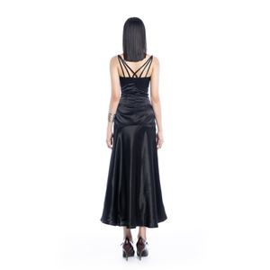 Vestido de fiesta negro satinado sexy ODM tejido con cuello en V longitud de té natural Vietnam alta calidad ODM ropa de mujer elegante - Product Image 5