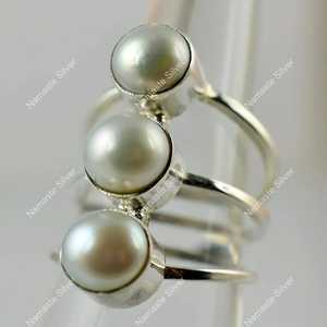 925 Sterling <b>Silver</b> Freshwater Triple Pearl <b>Ring</b> Handmade Boho June Birthstone Promise <b>Statement</b> Jewelry Unique Pearl <b>Ring</b> - Product Image 2