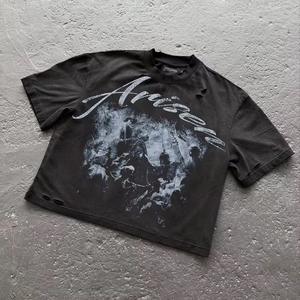 Camiseta Negra de Algodón 100% Tejido, Estampado DTG con Gráficos de Pedrería, Estilo Vintage, Personalizada, de Alto Gramaje, Lavado Ácido, Efecto Desgastado, Streetwear - Product Image 5