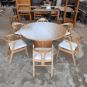 Ensemble de table à manger ronde en bois avec chaises rembourrées, meubles de salle à manger modernes pour la maison, l'hôtel, l'appartement et la villa (7 pièces) - Product Image 2
