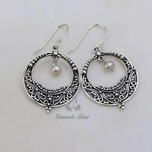 <b>Pearl</b> Chandbali <b>Earrings</b>: 925 Sterling <b>Silver</b> Handmade Crescent Design Jewelry - Product Image 4