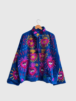 Blouson bleu à col mandarin brodé à la main avec motif géométrique, manches longues, style velours, pour adulte, collection automne