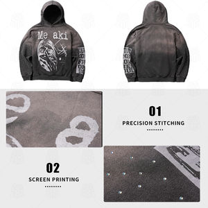 Vintage Wash Heavy Thick Hoodie Rhinestone y diseño de impresión digital Sudaderas con capucha personalizadas 100% algodón Streetwear para hombres - Product Image 3
