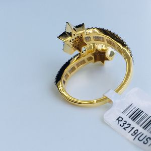 แหวนเปิดแพลตตินัมสีเหลือง10K แหวนเพชรโรแมนติกสไตล์ Si ใสห่อดาวยิงคู่สำหรับงานปาร์ตี้หรือของขวัญ - Product Image 3