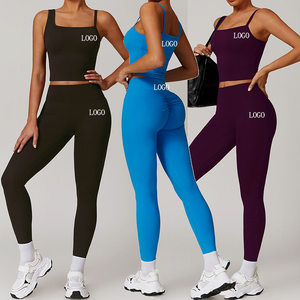 Ensemble de sport pour femmes en couleur unie en gros, plus 2 pièces, vêtements de sport sans manches, ensembles de yoga avec taille élastique pour vêtements de fitness - Product Image 1