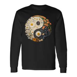 T-shirt a maniche lunghe con simbolo floreale Taoismo Yin Yang, iconografia Taijitu, articolo promozionale con iconografia Yin Yang e fiori - Product Image 1