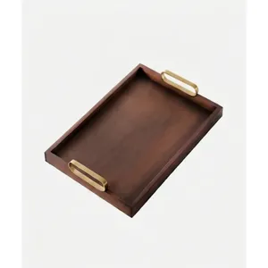 Plateau décoratif en bois rectangulaire avec poignées en laiton, design minimaliste, pièce unique artisanale - Product Image 1