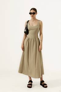 เดรสมิดิผ้าลินินแขนกุดสำหรับผู้หญิงแบบเรียบง่ายคอลึกและเอวสูงลายสีพื้นย้อมสีล้วนขนาดพิเศษ - Product Image 3