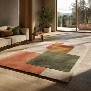 Hand Tufted Wool High Pile Abstract Area Rug | Modern Neutral Living Room <b>Carpet</b> with Cream Sage Terracotta Wave Pattern - Product Image 3