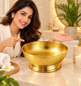 NJ Handmade Gold Hammered Copper Pedicure Bowl Round <b>Foot</b> <b>Bath</b> Basin with Base for Spa Home Use - Product Image 2