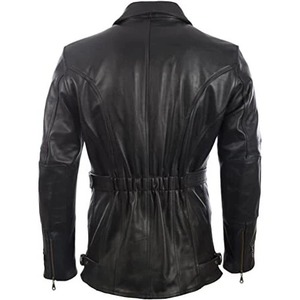 Veste de motard en cuir véritable noir pour homme avec fermeture éclair asymétrique et col élégant, longue veste de moto avec ceinture - Product Image 2
