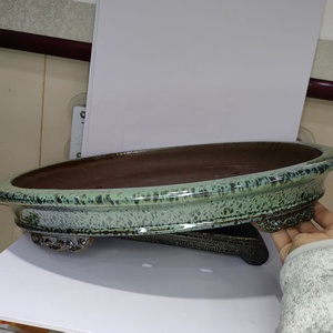 Pot à bonsaï artisanal de haute qualité en sable violet Yixing, émaillé vert neige, taille XL, avec pieds en forme de nuage - Product Image 6