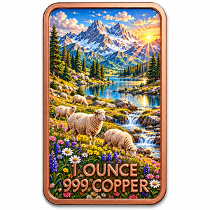 Paysage <span class=keywords><strong>alpin</strong></span> de montagne, lac et coucher de soleil avec des moutons, Barre de cuivre .999 de 1 once, pièce de collection artistique, pièce de défi, artisanat personnalisé, vente en gros sur mesure - Product Image 1