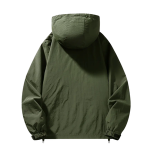 Veste coupe-vent à capuche noire pour homme, col montant, manches longues, cordon de serrage, fermeture à glissière, tissu polyester - Product Image 5