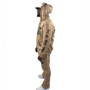 Ensemble de survêtement unisexe pour homme, 100% coton molletonné, séchage rapide, pantalon évasé et sweat à capuche à ourlet brut - Product Image 5