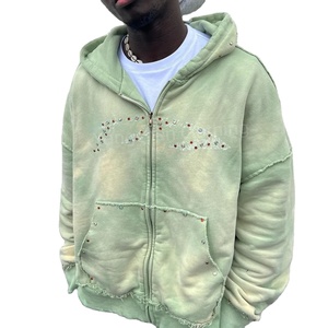 Respirant personnalisé hommes hiver soleil délavé coton polaire à capuche haute qualité lavage à l'acide fermeture éclair en détresse Vintage 3D brodé - Product Image 2