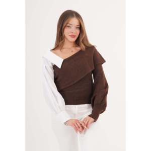 Conjunto de Suéter Color Café para Mujer, Mitad Camisa, Mitad Tejido, Disponible para Venta al Por Mayor - Product Image 5