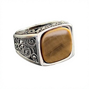 Anillo de Plata de Ley 925 Vintage para Hombre, Estilo Floral, Joyería Turca Hecha a Mano, Gema de Ojo de Tigre Marrón, Engaste en Bisel, Corte Cuadrado - Product Image 1