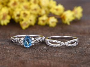 Anillo de compromiso de piedras preciosas de oro blanco de 14K con Topacio Azul de corte ovalado para regalo de aniversario, joyería de diamantes, anillo de bodas - Product Image 2