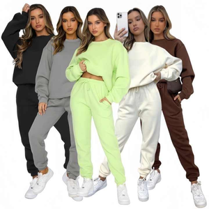 Wholesale Two-Piece Women's Winter XL Fleece Embroidered Patches Long Solid Pattern Neck Sweatshirt Joggers Casual Style - Product Image 3