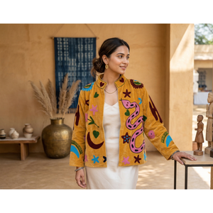 Veste Suzani Réversible Écologique en Cachemire Brodée à la Main Serpente Giocoso, Motif Floral Bohème, Rembourrage en Coton pour le Printemps - Product Image 1