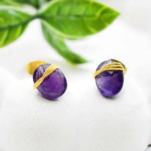 Boucle d'oreille en améthyste facettée Boucle d'oreille en fil enveloppé faite à la main Forme ovale Boucle d'oreille en pierre précieuse pour femmes - Product Image 2