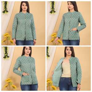 Chaqueta de Invierno Acolchada Azul Tejida a Mano con Estampado, para Mujer, Mangas Largas, Reversible, con Bolsillos Dobles, Botones y Bordado, para Otoño - Product Image 3